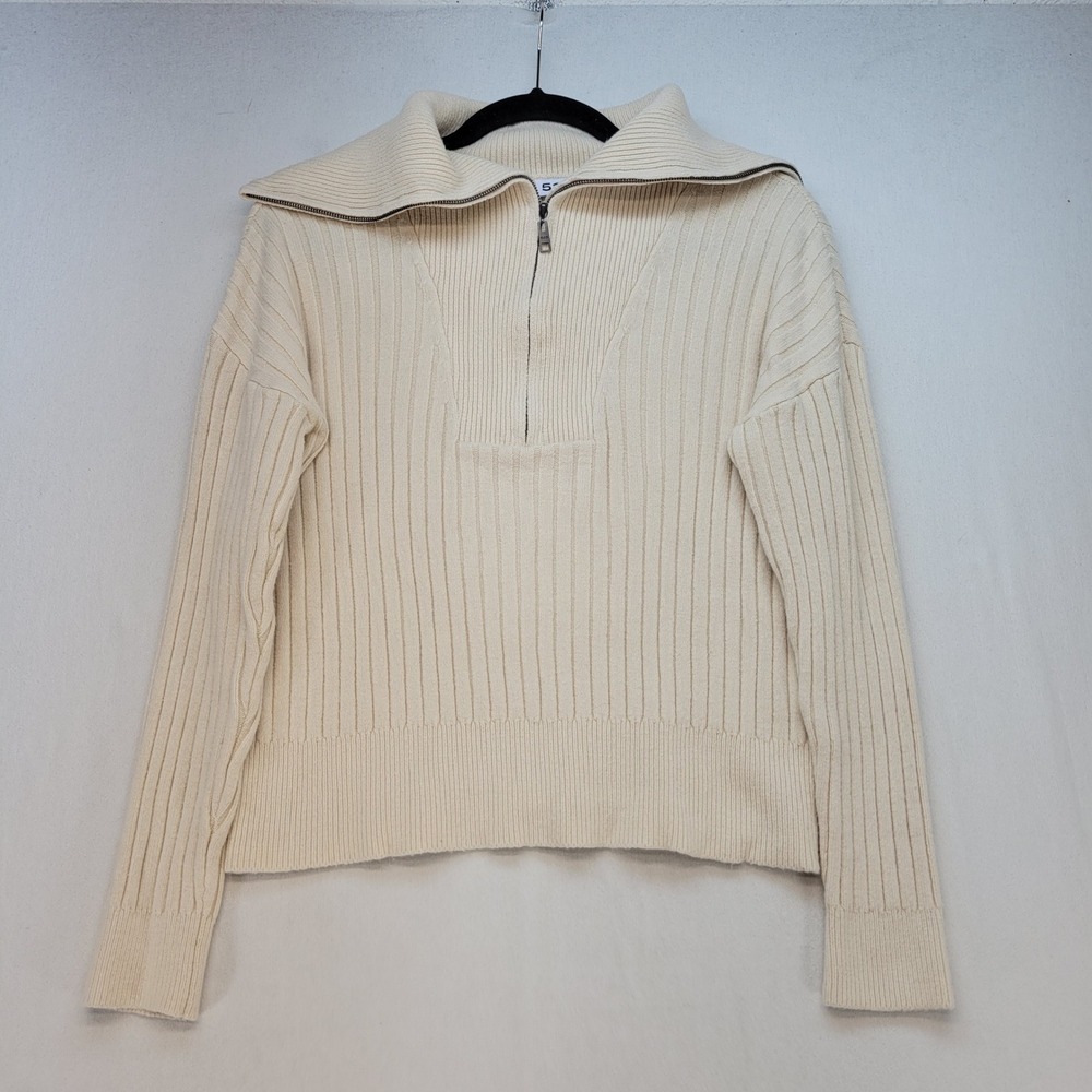 525 Quarter Zip Sweater Womens XS Cream Ribbed Knit Pullover Heavyweight Cotton